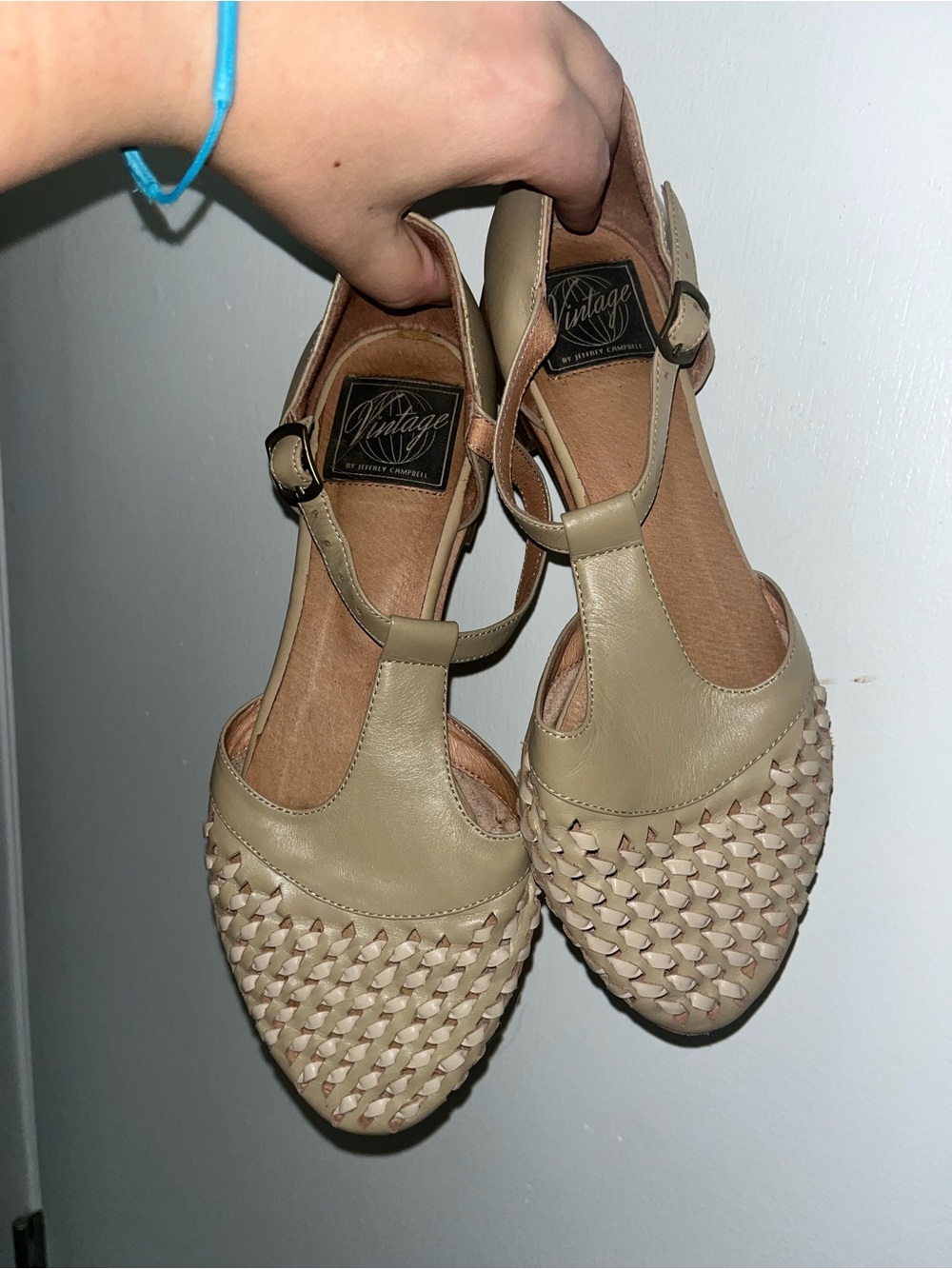 Jeffrey Campbell Light Sage Woven T-Strap Flats